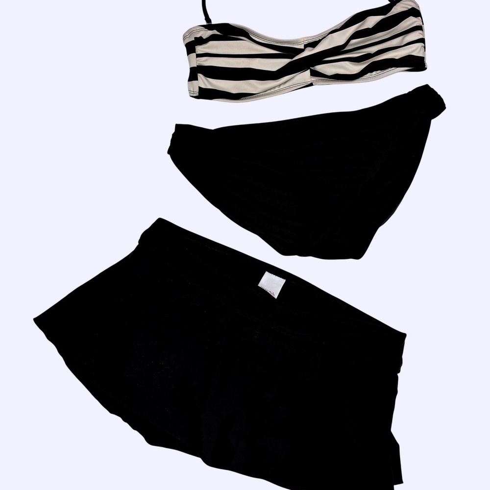 Merona 3 Piece Swimsuit Set Striped Bandeau Top, Bikini Bottoms & Swim Skirt M